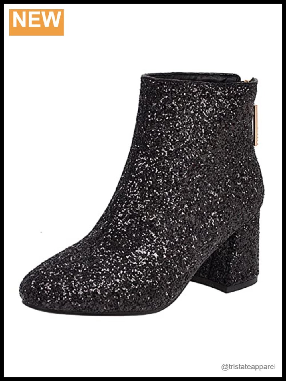 Glitter Sequins Pointed Toe Ankle Boots Block Heel Back Zipper Chunky Heeled